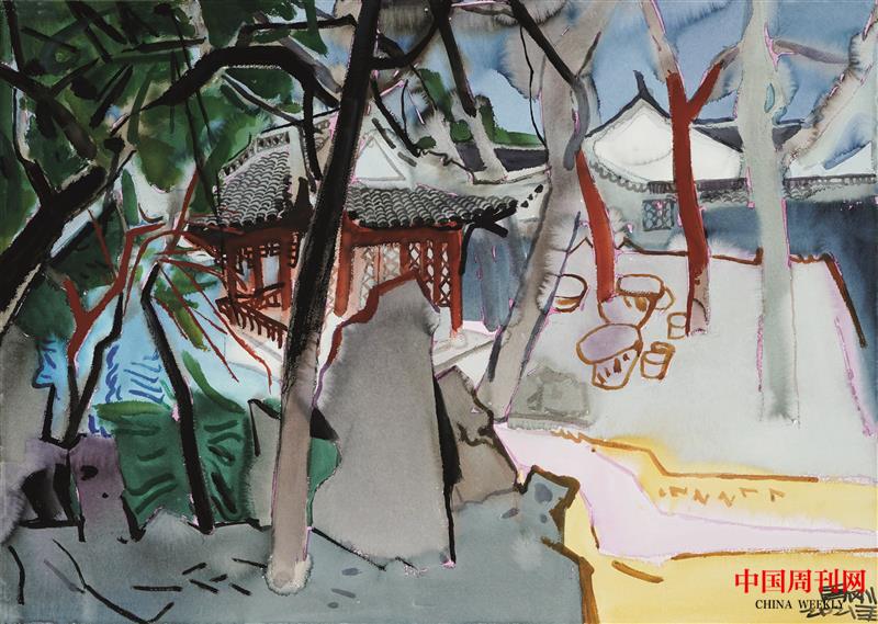 2021年周剛水彩畫——《綺園聽琴閣》尺寸75x105cm，2021年.jpg